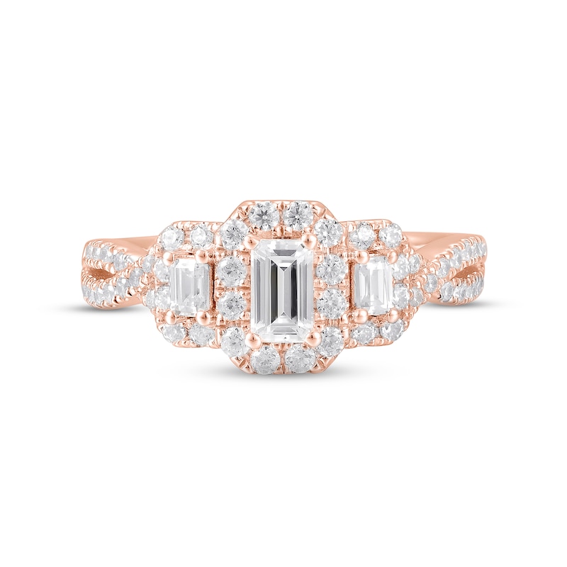 Main Image 4 of Memories Moments Magic Diamond Three-Stone Engagement Ring 1 ct tw Emerald & Round-cut 14K Rose Gold