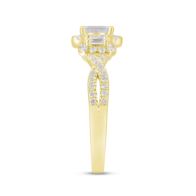 Main Image 2 of Memories Moments Magic Diamond Three-Stone Engagement Ring 1 ct tw Emerald & Round-cut 14K Yellow Gold
