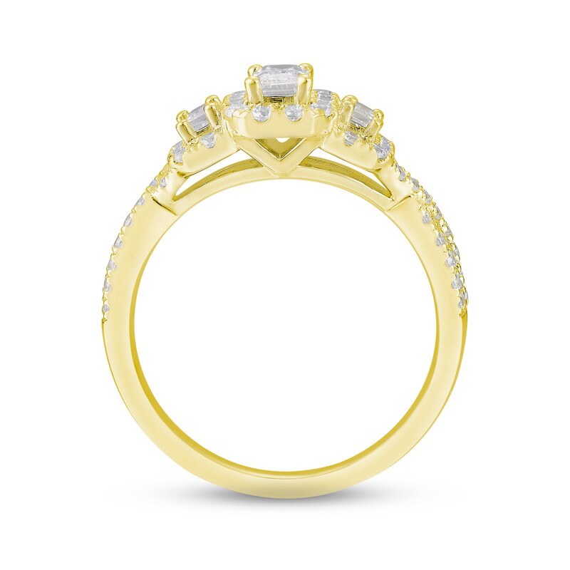 Main Image 3 of Memories Moments Magic Diamond Three-Stone Engagement Ring 1 ct tw Emerald & Round-cut 14K Yellow Gold
