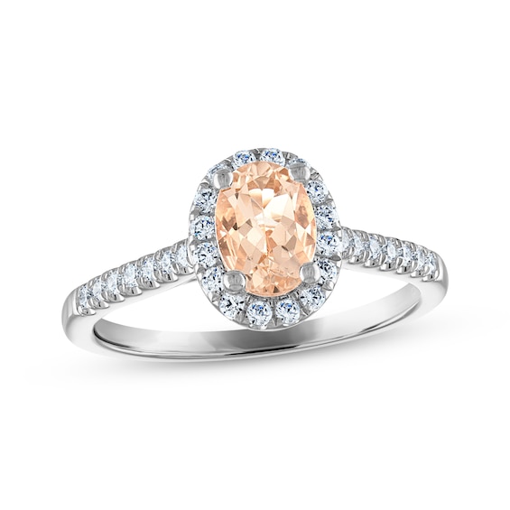 Now + Forever Morganite & Diamond Oval Halo Engagement Ring 1/4 ct tw Round-cut 14K White Gold