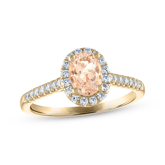 Now + Forever Morganite & Diamond Oval Halo Engagement Ring 1/4 ct tw Round-cut 14K Yellow Gold