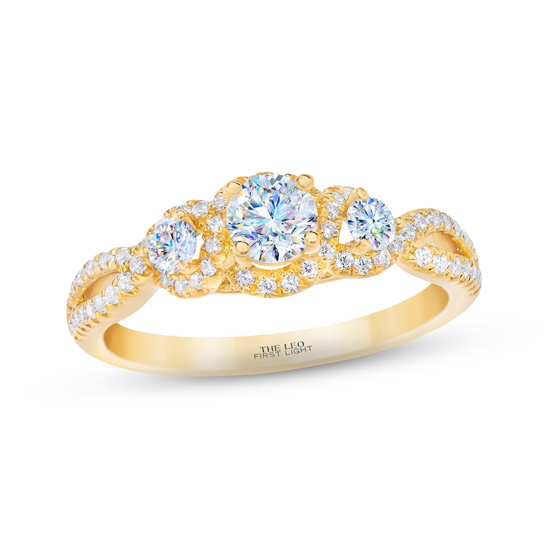 THE LEO First Light Diamond Three-Stone Engagement Ring 3/4 ct tw Round-cut 14K Yellow Gold with 360