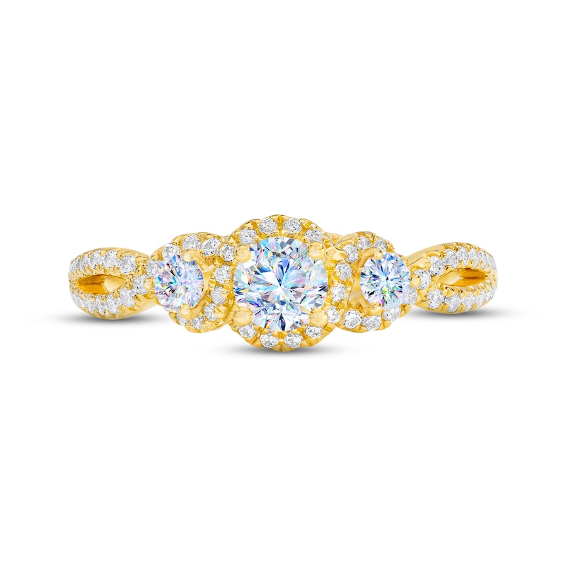 THE LEO First Light Diamond Three-Stone Engagement Ring 3/4 ct tw Round-cut 14K Yellow Gold