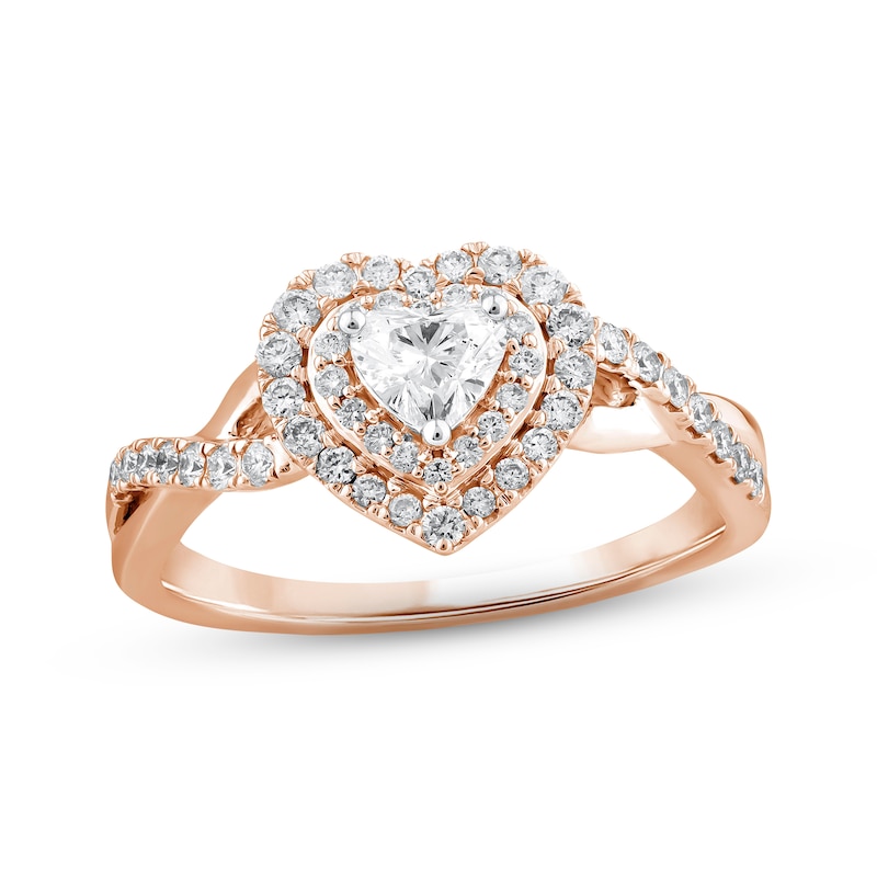 Diamond Halo Engagement Ring 5/8 ct tw Heart & Round-cut 14K Rose Gold