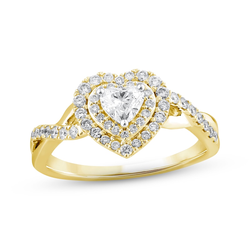 Diamond Halo Engagement Ring 5/8 ct tw Heart & Round-cut 14K Yellow Gold