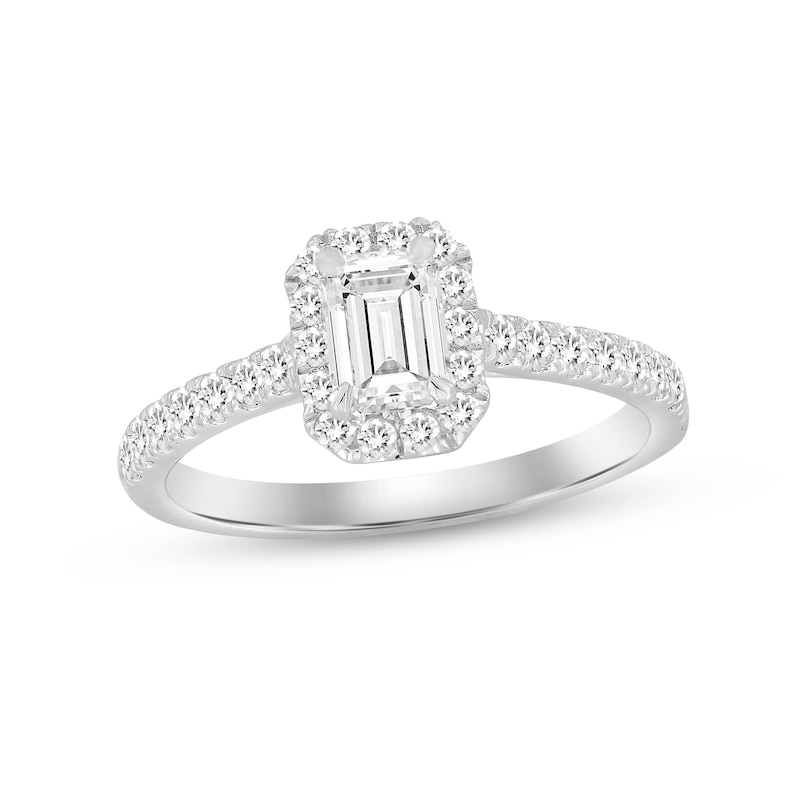 Diamond Engagement Ring 7/8 ct tw Emerald & Round-cut 14K White Gold