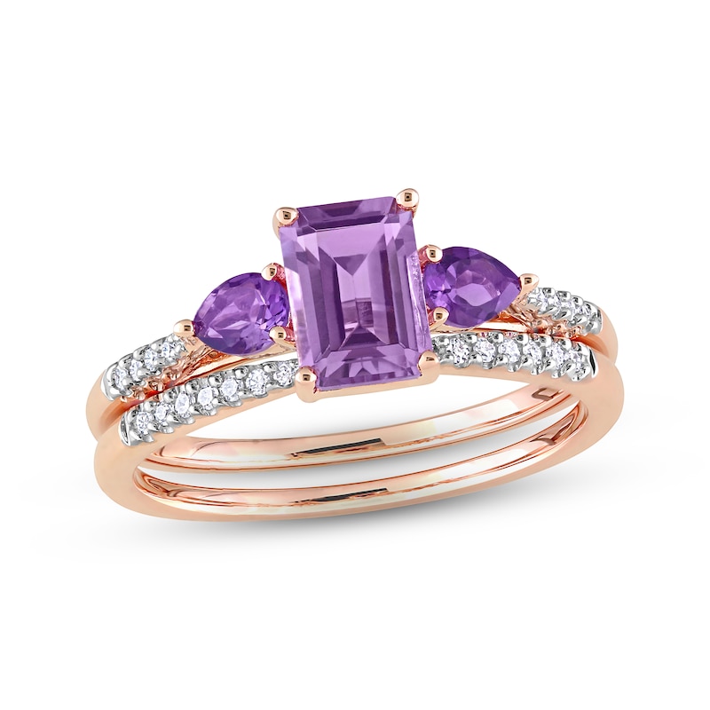 Main Image 1 of Memories Moments Magic Rose Quartz, Amethyst & Diamond Bridal Set 1/20 ct tw Round-cut 10K Rose Gold