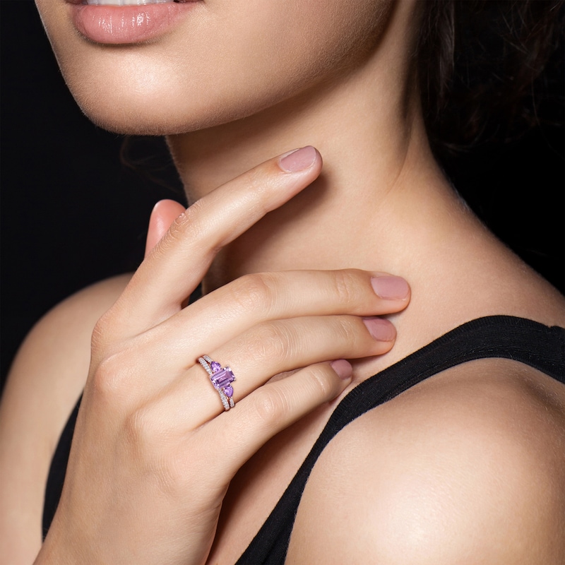 Main Image 4 of Memories Moments Magic Rose Quartz, Amethyst & Diamond Bridal Set 1/20 ct tw Round-cut 10K Rose Gold