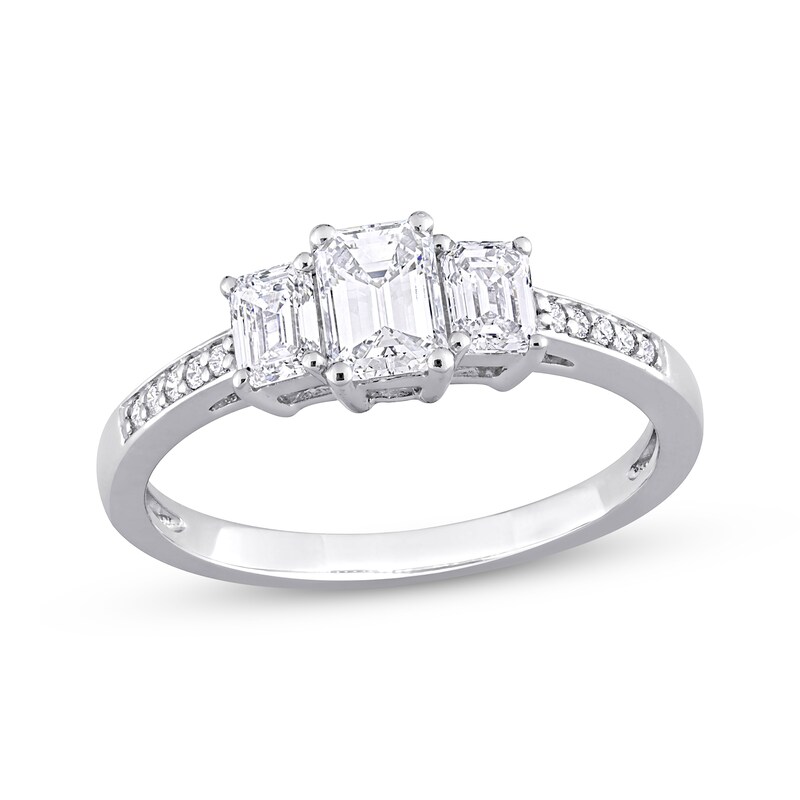 Diamond Three-Stone Engagement Ring 7/8 ct tw Emerald & Round-cut 14K White Gold