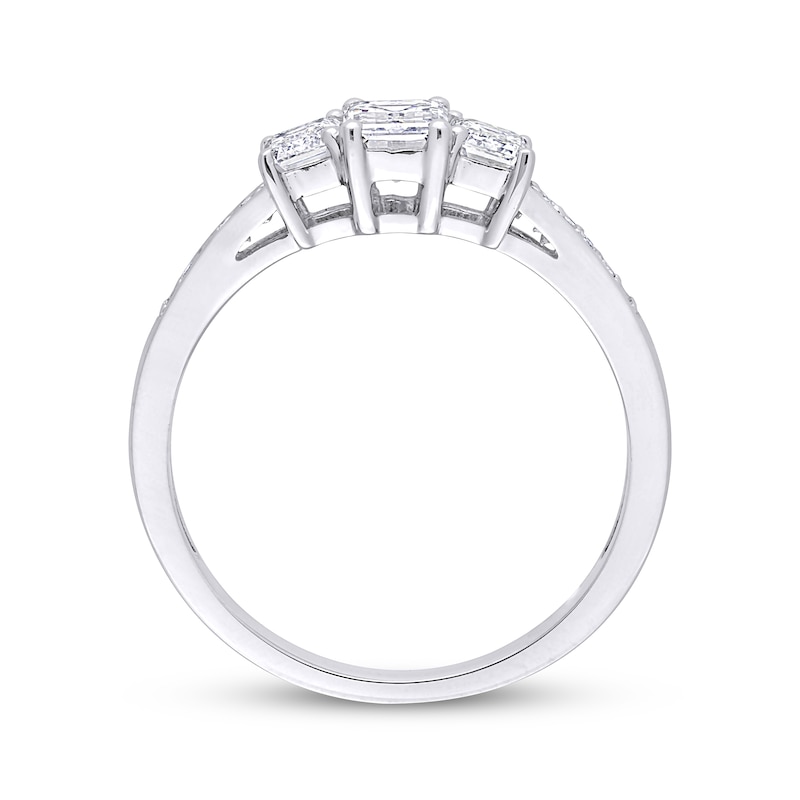 Diamond Three-Stone Engagement Ring 7/8 ct tw Emerald & Round-cut 14K White Gold