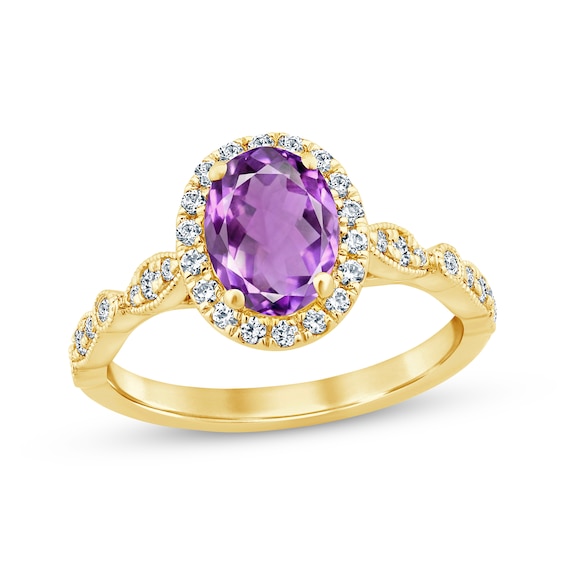 Now + Forever Amethyst & Diamond Oval Halo Engagement Ring 1/3 ct tw Round-cut 14K Yellow Gold