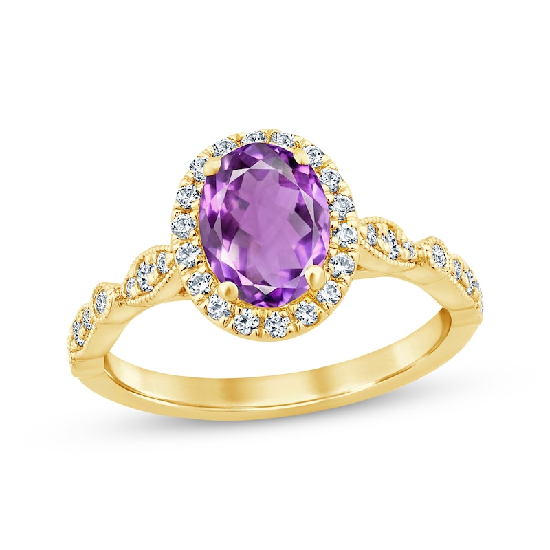 Main Image 1 of Now + Forever Amethyst & Diamond Oval Halo Engagement Ring 1/3 ct tw Round-cut 14K Yellow Gold