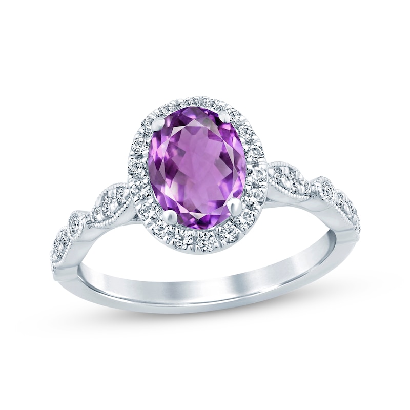 Main Image 1 of Now + Forever Amethyst & Diamond Oval Halo Engagement Ring 1/3 ct tw Round-cut 14K White Gold