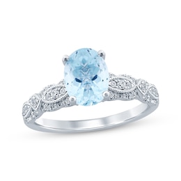 Now + Forever Aquamarine & Diamond Engagement Ring 1/4 ct tw Oval & Round-cut 10K White Gold