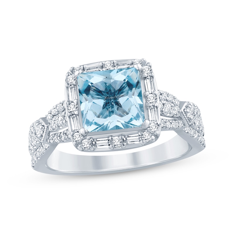 Aquamarine & Diamond Engagement Ring 1/2 ct tw Square-cut, Baguette & Round-cut 10K White Gold