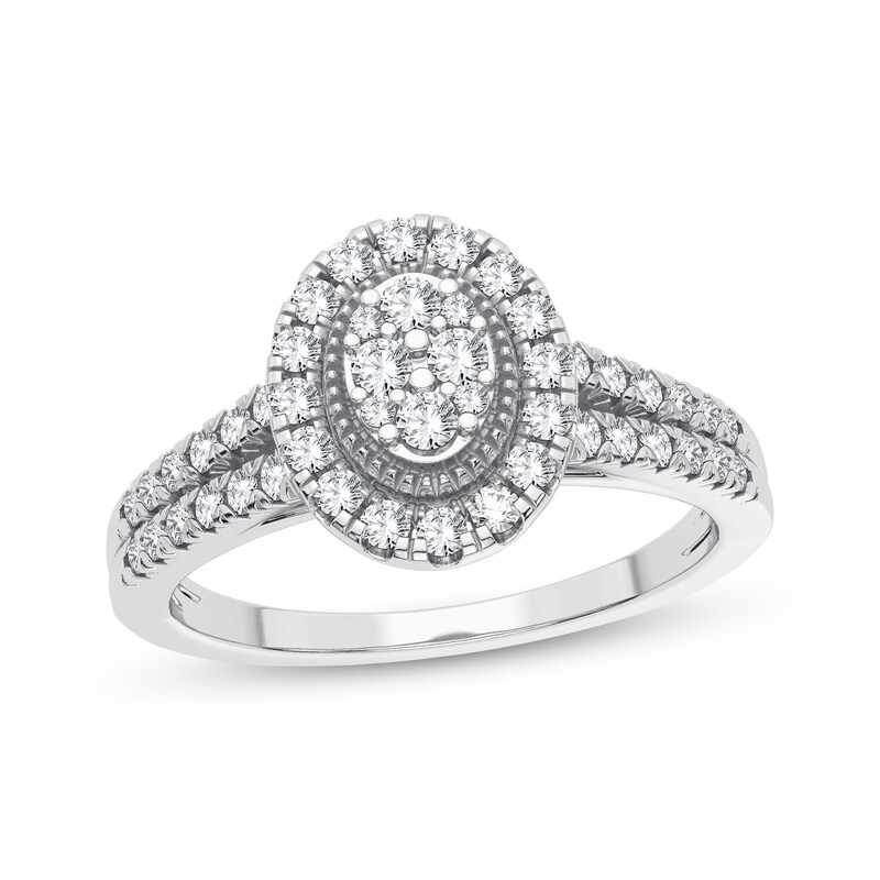 Main Image 1 of Now + Forever Multi-Diamond Center Oval Halo Engagement Ring 1/3 ct tw Round-cut 10K White Gold