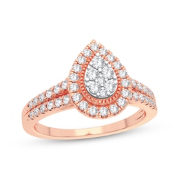 Now + Forever Multi-Diamond Center Pear Milgrain Engagement Ring 1/3 ct tw Round-cut 10K Rose Gold