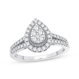 Now + Forever Multi-Diamond Center Pear Halo Engagement Ring 1/3 ct tw Round-cut 10K White Gold
