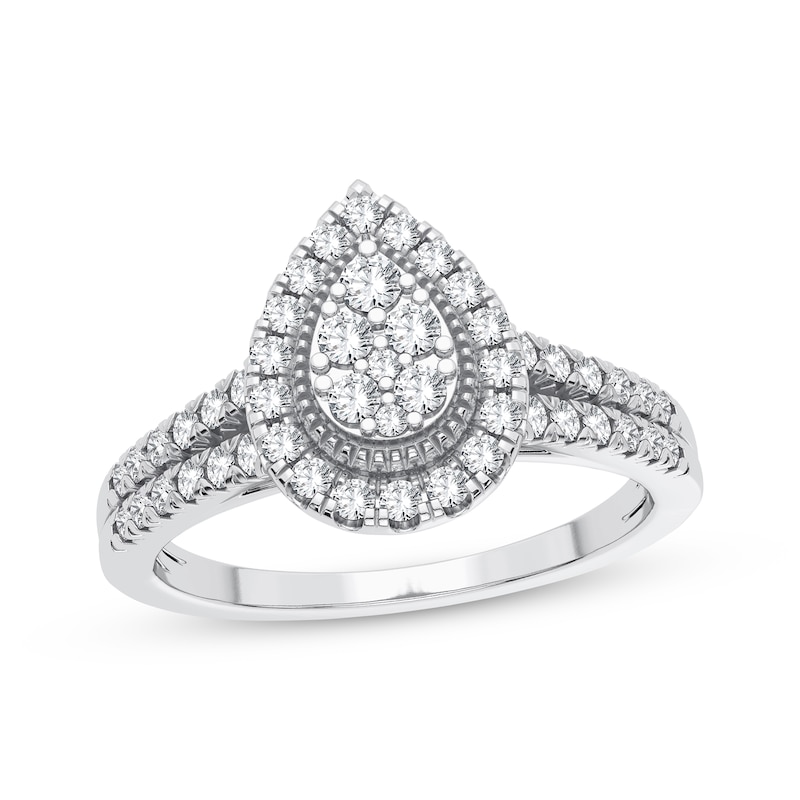 Multi-Diamond Center Pear Halo Engagement Ring 1/3 ct tw Round-cut 10K White Gold