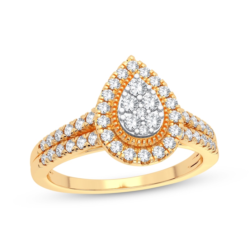 Main Image 1 of Now + Forever Multi-Diamond Center Pear Milgrain Engagement Ring 1/3 ct tw Round-cut 10K Yellow Gold