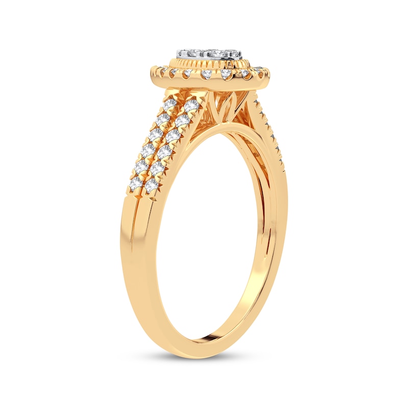 Multi-Diamond Center Pear Milgrain Engagement Ring 1/3 ct tw Round-cut 10K Yellow Gold