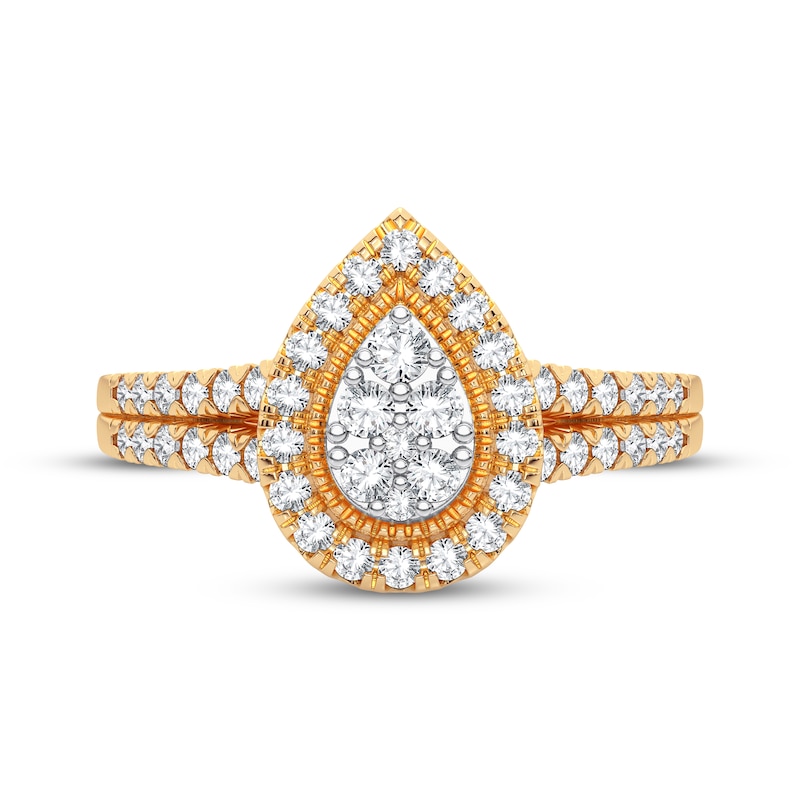 Multi-Diamond Center Pear Milgrain Engagement Ring 1/3 ct tw Round-cut 10K Yellow Gold