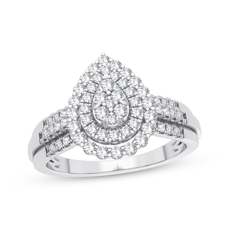 Multi-Diamond Center Pear Halo Engagement Ring 1/3 ct tw Round-cut 10K White Gold