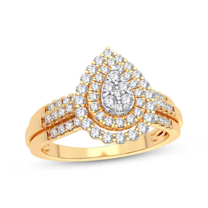Multi-Diamond Center Pear Double Halo Ring 1/3 ct tw Round-cut 10K Yellow Gold