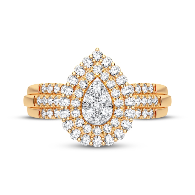 Multi-Diamond Center Pear Double Halo Ring 1/3 ct tw Round-cut 10K Yellow Gold