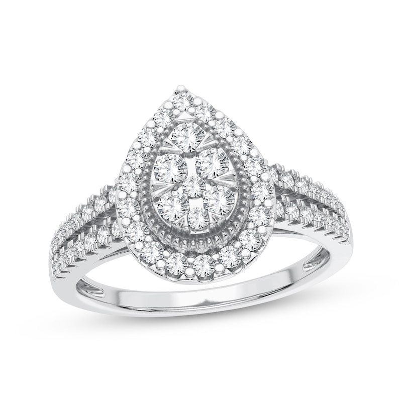 Multi-Diamond Center Pear Halo Engagement Ring 3/8 ct tw Round-cut 10K White Gold