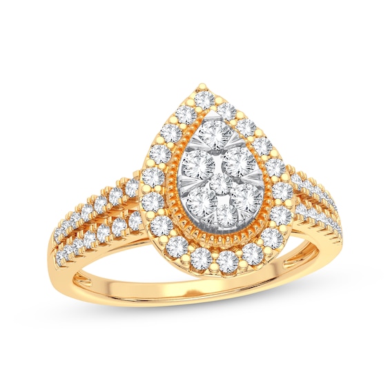 Now + Forever Multi-Diamond Center Pear Engagement Ring 3/8 ct tw Round-cut 10K Yellow Gold