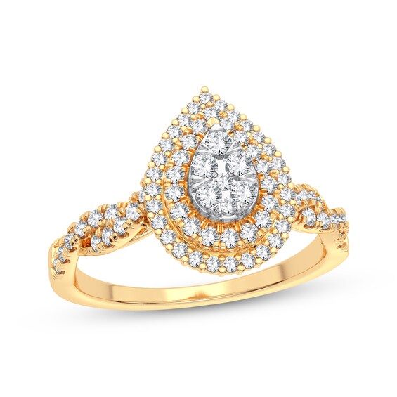 Now + Forever Multi-Diamond Center Pear Twist Engagement Ring 1/3 ct tw Round-cut 10K Yellow Gold