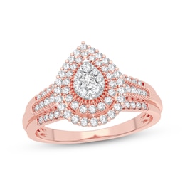 Now + Forever Multi-Diamond Center Pear Double Halo Engagement Ring 1/3 ct tw Round-cut 10K Rose Gold