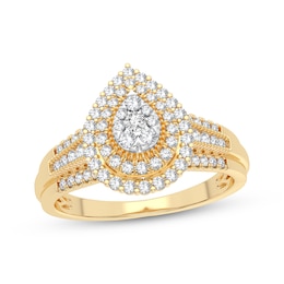 Now + Forever Multi-Diamond Center Pear Double Halo Engagement Ring 1/3 ct tw Round-cut 10K Yellow Gold