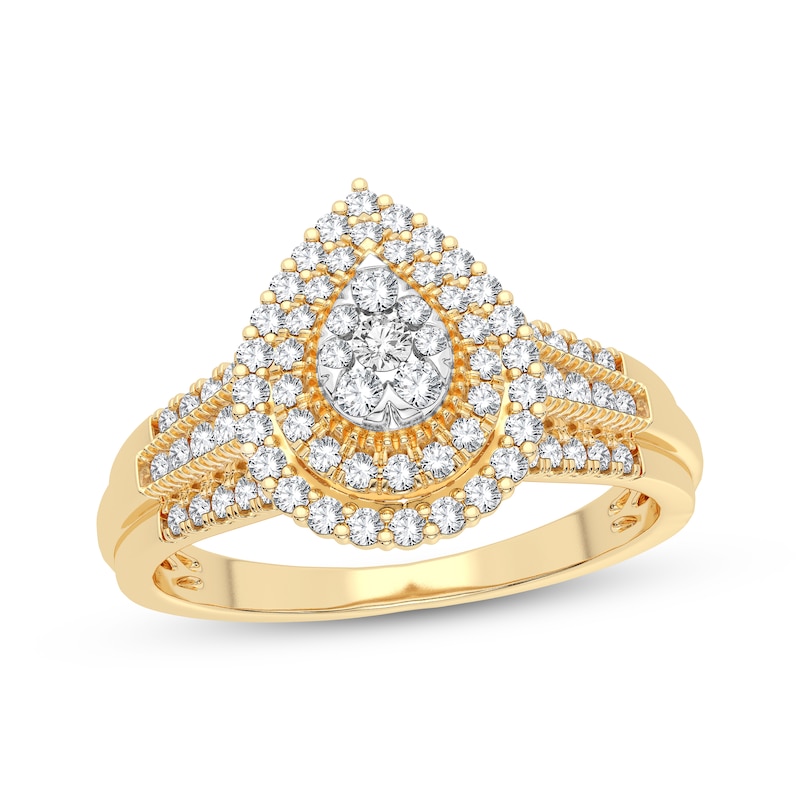 Multi-Diamond Center Pear Double Halo Engagement Ring 1/3 ct tw Round-cut 10K Yellow Gold