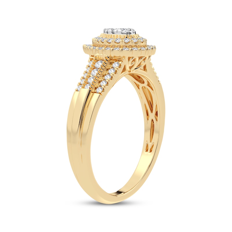 Multi-Diamond Center Pear Double Halo Engagement Ring 1/3 ct tw Round-cut 10K Yellow Gold