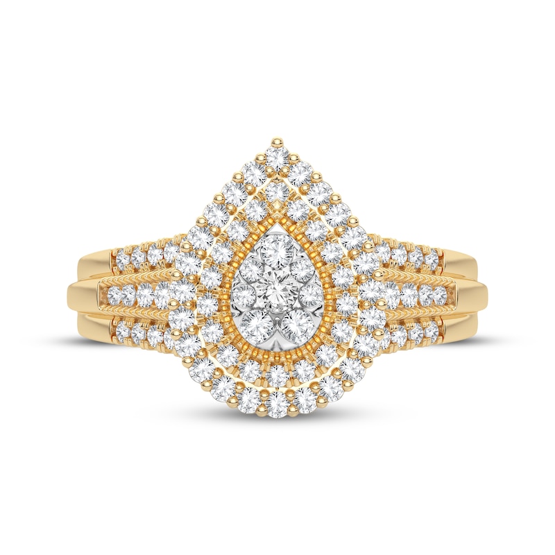 Multi-Diamond Center Pear Double Halo Engagement Ring 1/3 ct tw Round-cut 10K Yellow Gold