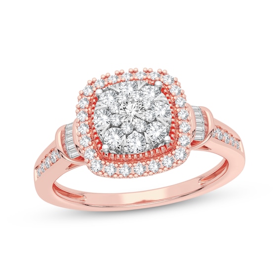 Now + Forever Multi-Diamond Center Cushion Engagement Ring 3/8 ct tw Round & Baguette-cut 10K Rose Gold