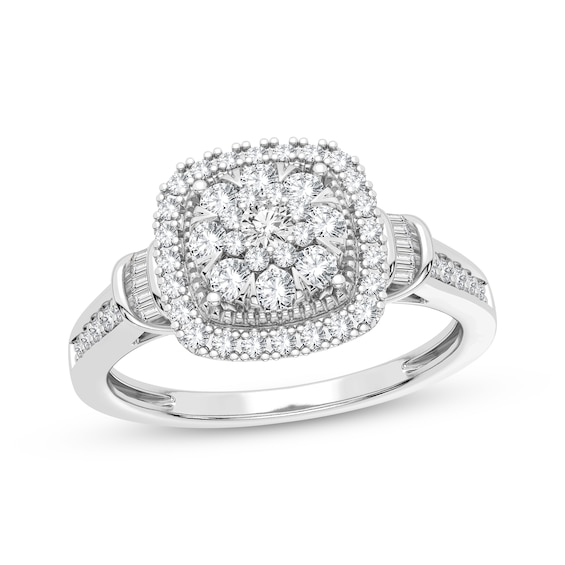 Now + Forever Multi-Diamond Center Cushion Engagement Ring 3/8 ct tw Round & Baguette-cut 10K White Gold
