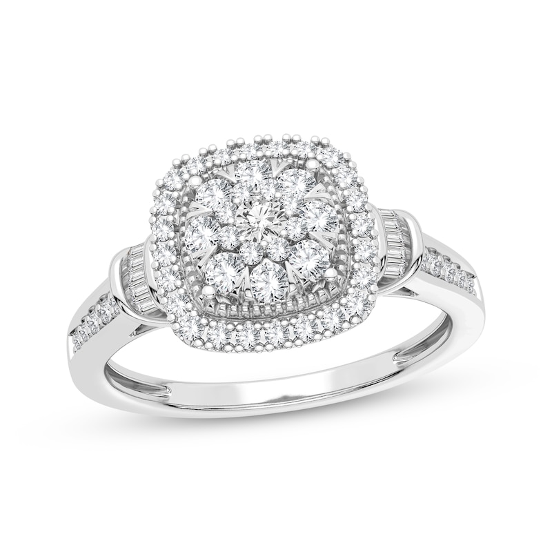 Main Image 1 of Now + Forever Multi-Diamond Center Cushion Engagement Ring 3/8 ct tw Round & Baguette-cut 10K White Gold