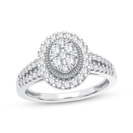 Now + Forever Multi-Diamond Center Oval Milgrain Engagement Ring 3/8 ct tw Round-cut 10K White Gold