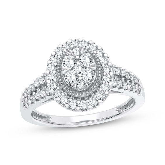 Multi-Diamond Center Oval Milgrain Engagement Ring 3/8 ct tw Round-cut 10K White Gold