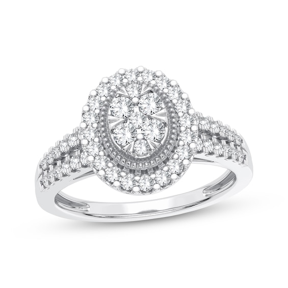 Now + Forever Multi-Diamond Center Oval Milgrain Engagement Ring 3/8 ct tw Round-cut 10K White Gold