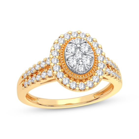 Now + Forever Multi-Diamond Center Oval Engagement Ring 3/8 ct tw Round-cut 10K Yellow Gold