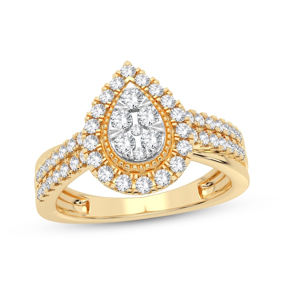 Now + Forever Multi-Diamond Center Pear Engagement Ring 1/2 ct tw Round-cut 10K Yellow Gold