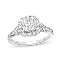 Now + Forever Multi-Diamond Center Cushion Split-Shank Engagement Ring 3/8 ct tw Round-cut 10K White Gold