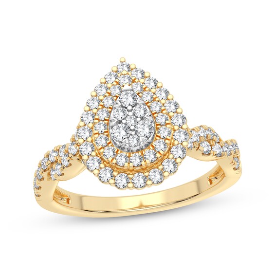 Now + Forever Multi-Diamond Pear Double Halo Engagement Ring 3/8 ct tw Round-cut 10K Yellow Gold