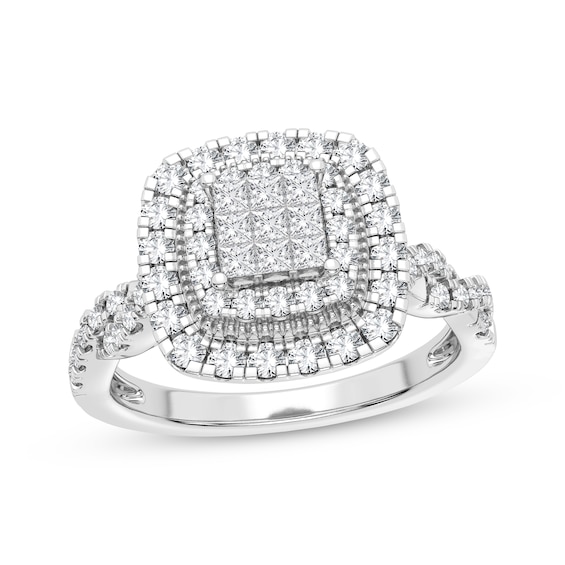 Now + Forever Multi-Diamond Center Cushion Twist Engagement Ring 3/8 ct tw Princess & Round-cut 10K White Gold