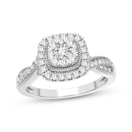 Now + Forever Multi-Diamond Center Cushion Engagement Ring 3/8 ct tw Round-cut 10K White Gold
