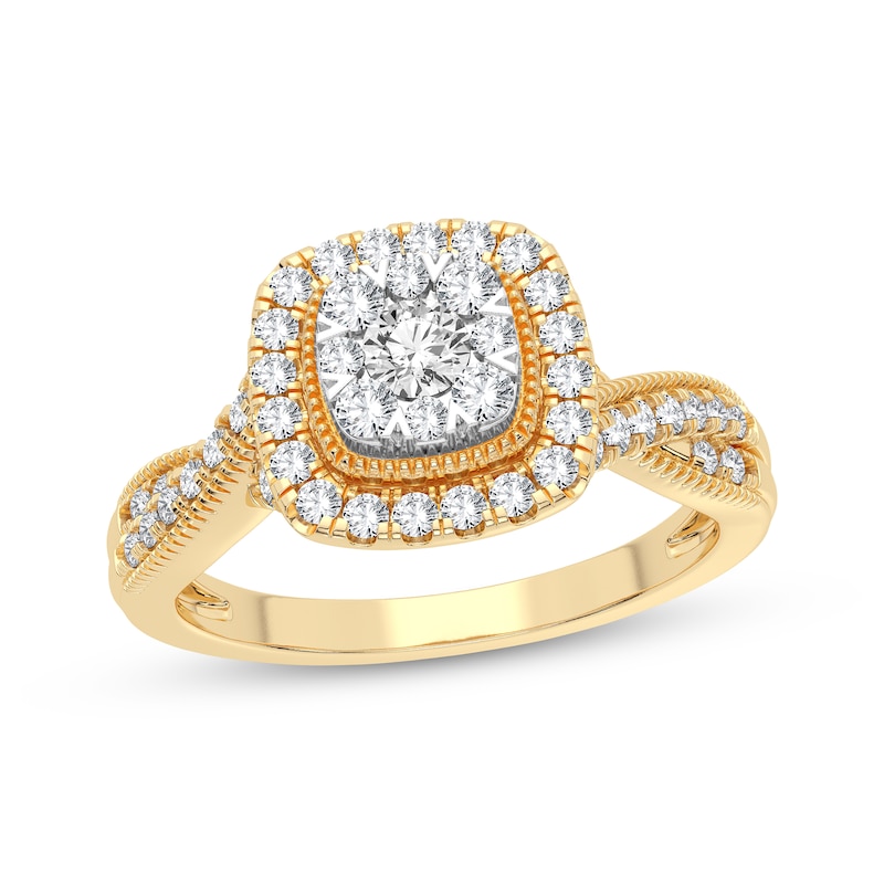 Main Image 1 of Now + Forever Multi-Diamond Cushion Twist Engagement Ring 3/8 ct tw Round-cut 10K Yellow Gold